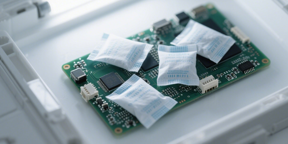 Desiccant bags protecting electronic PCB circuit board from moisture damage