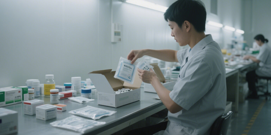 Pharma packaging worker packing desiccant bags into pharmaceutical boxes for moisture control
